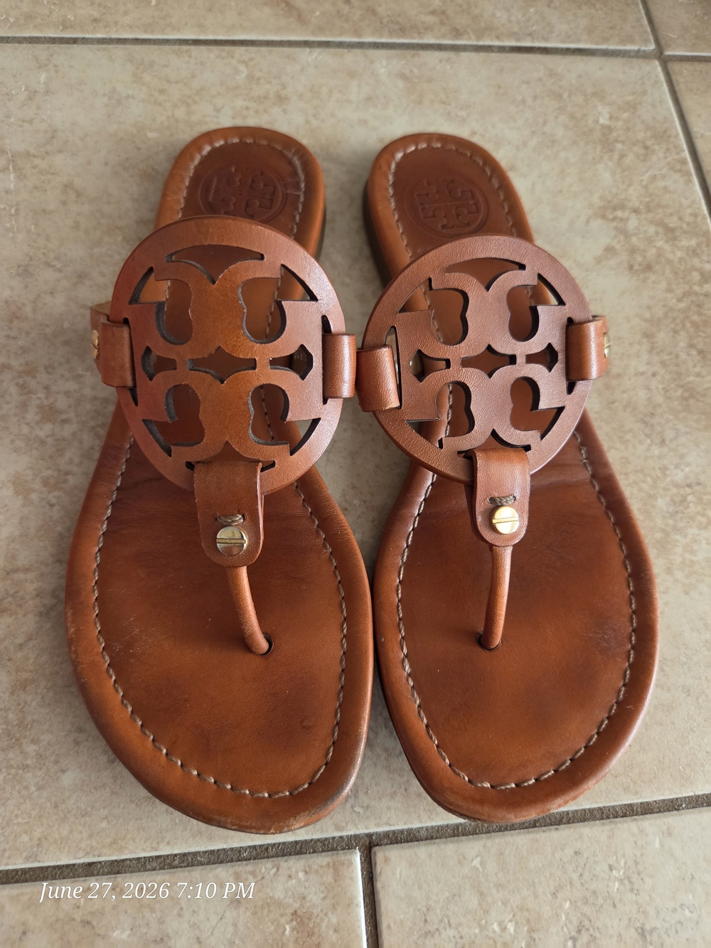 Tory Burch Miller Leather Thong Sandals — Caramel Brown